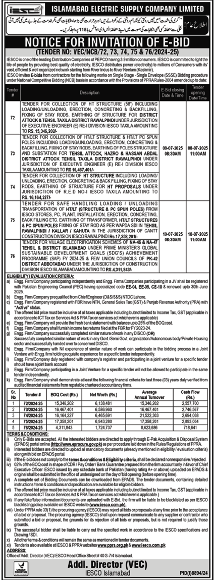 Islamabad Electric Supply Company Limited Islamabad Tender Notice
